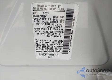 2003 Nissan Murano Sl z USA, uszkodzony, nr VIN JN8AZ08T73W116164